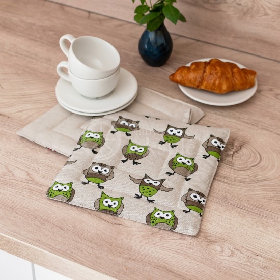 Printed half linen tray for hot pot "Owls green"